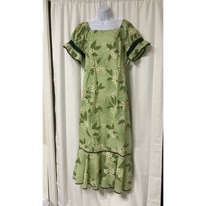 Vtg Hoku Hawaii Green Tropical Hawaiian Tiki Muumuu Dress Large XL Long Maxi